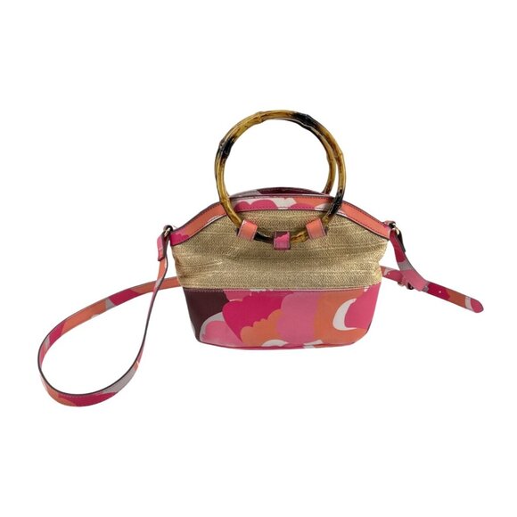 Trina Turk Rainbow Petals Floral Straw Satchel Crossbody Bag Bamboo Handles - Picture 2 of 9
